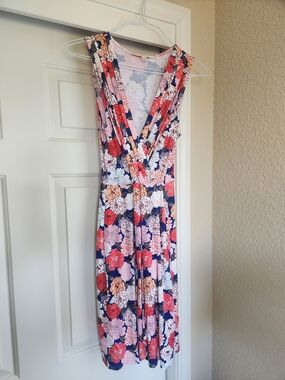 41 Hawthorn Navy Floral Wrap Midi Dress with Coral & Pink